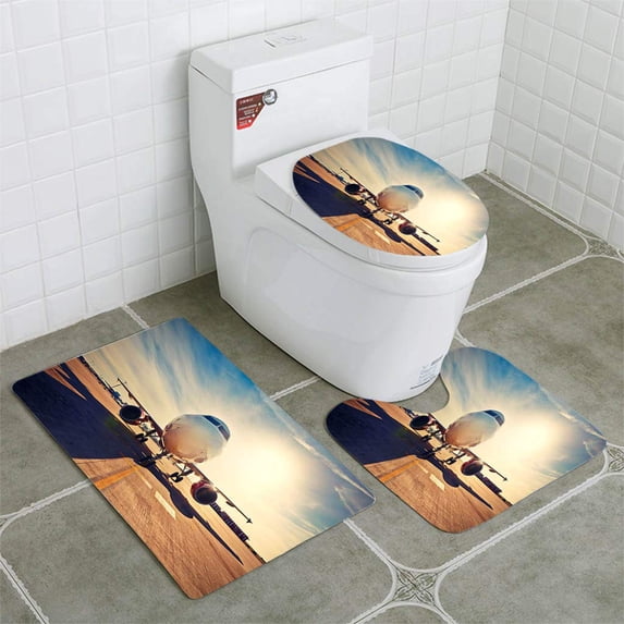 PUDMAD Airplane at Sunrise 3 Piece Bathroom Rugs Set Bath Rug Contour Mat and Toilet Lid Cover
