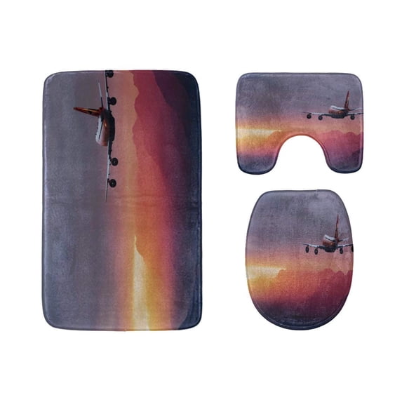 PUDMAD Airplane in Sky at Sunrise 3 Piece Bathroom Rugs Set Bath Rug Contour Mat and Toilet Lid Cover
