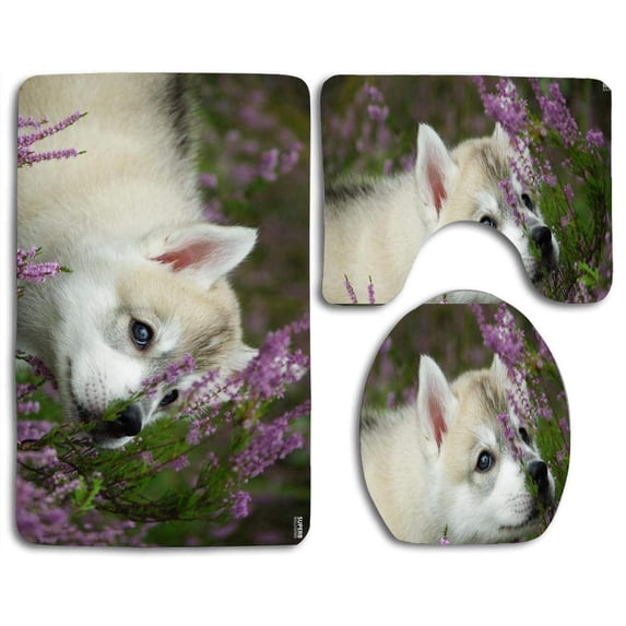 PUDMAD Akita Puppy 3 Piece Bathroom Rugs Set Bath Rug Contour Mat and Toilet Lid Cover