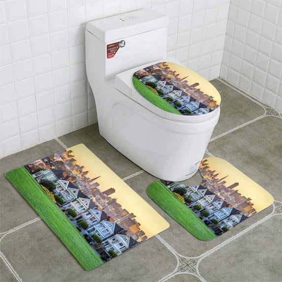 PUDMAD Alamo Square and Painted Ladies San Francisco Skyline 3 Piece Bathroom Rugs Set Bath Rug Contour Mat and Toilet Lid Cover