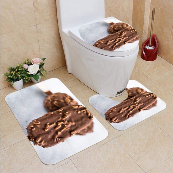 PUDMAD Almond Chocolate dip ice Cream Marble 3 Piece Bathroom Rugs Set Bath Rug Contour Mat and Toilet Lid Cover