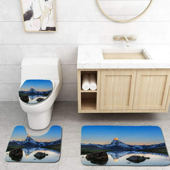 PUDMAD Alpen Glow at Matterhorn Stellisee in Foreground 3 Piece Bathroom Rugs Set Bath Rug Contour Mat and Toilet Lid Cover