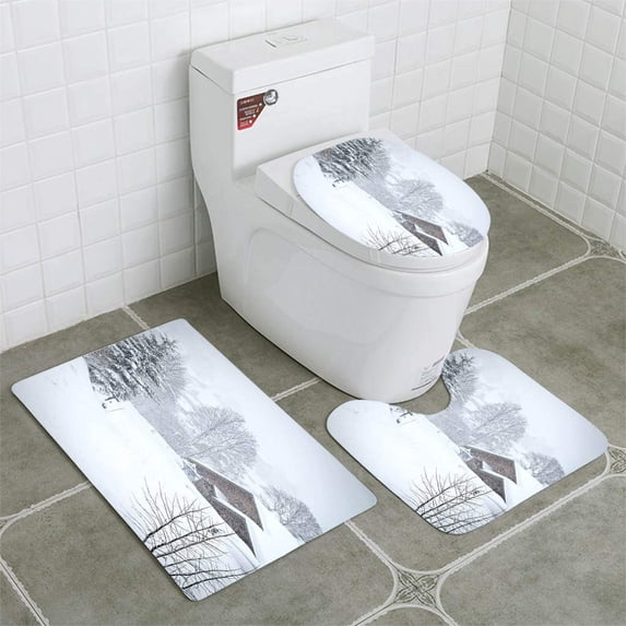 PUDMAD Alpine Chalet in Fog 3 Piece Bathroom Rugs Set Bath Rug Contour Mat and Toilet Lid Cover