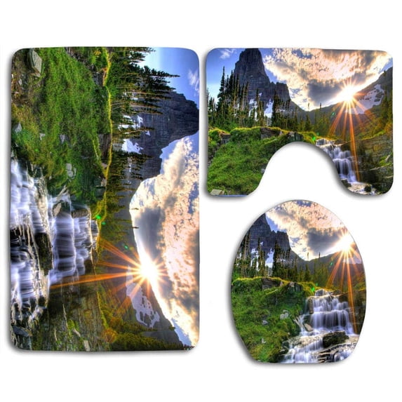 PUDMAD Amazing Forest Sunset 3 Piece Bathroom Rugs Set Bath Rug Contour Mat and Toilet Lid Cover