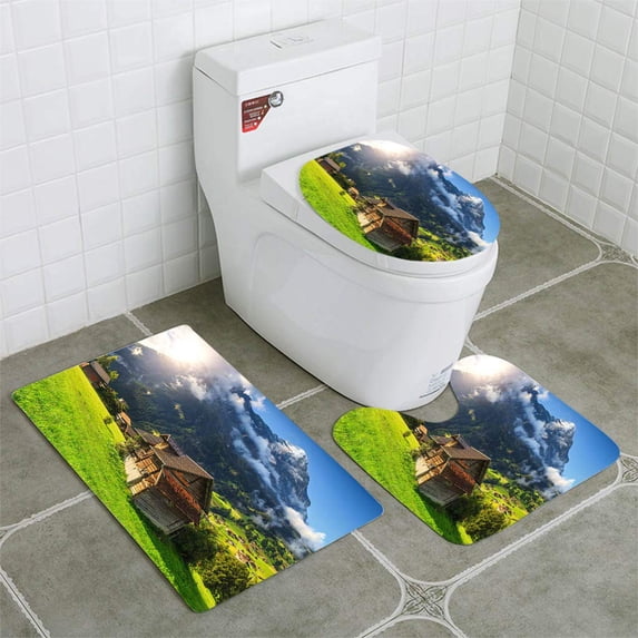 PUDMAD Amazing Grindelwald Resort and Eiger Mountains Bernese Oberland Switzerland Europe 3 Piece Bathroom Rugs Set Bath Rug Contour Mat and Toilet Lid Cover