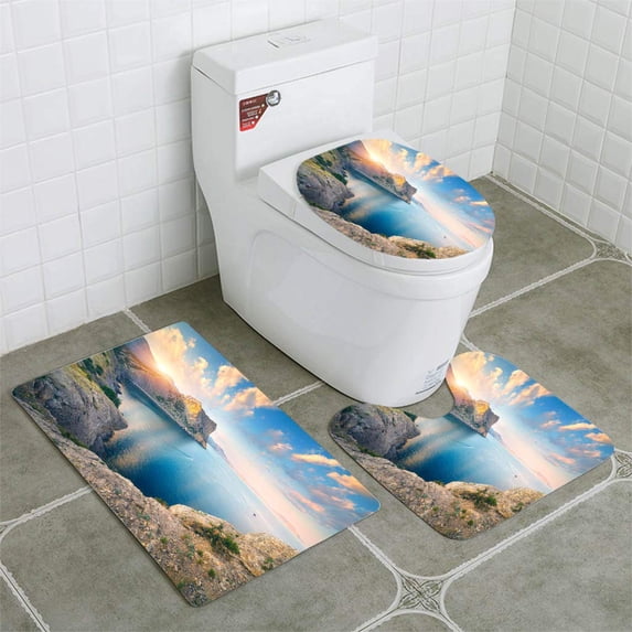PUDMAD Amazing Mountain Landscape at Sunset Beautiful Scene Mountains Blue sea high 3 Piece Bathroom Rugs Set Bath Rug Contour Mat and Toilet Lid Cover