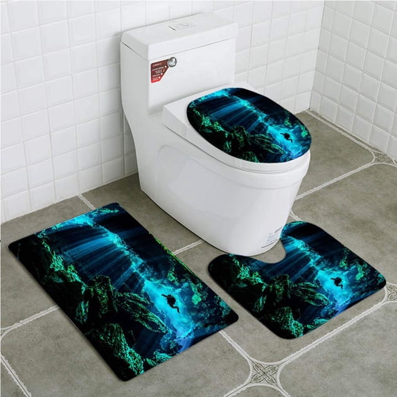 PUDMAD Amazing Underwater Locations 3 Piece Bathroom Rugs Set Bath Rug Contour Mat and Toilet Lid Cover