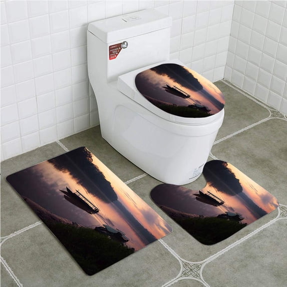 PUDMAD Amazon Rainforest Sunrise a Boat 3 Piece Bathroom Rugs Set Bath Rug Contour Mat and Toilet Lid Cover