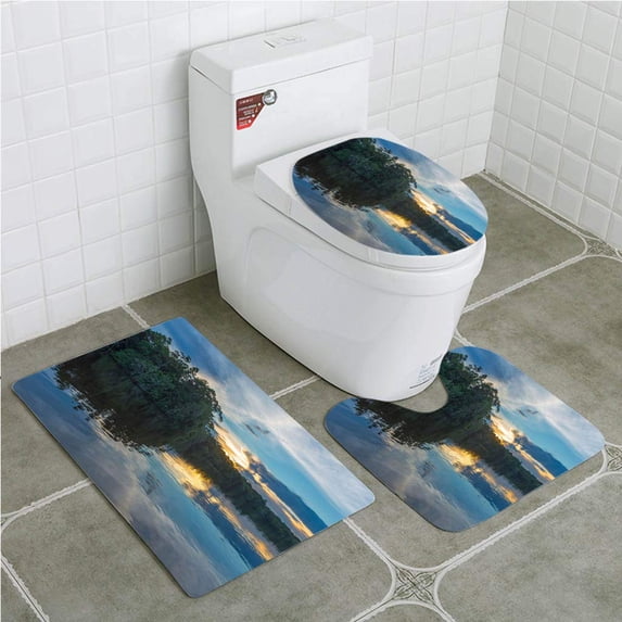 PUDMAD Amazon River Sunset Reflection 3 Piece Bathroom Rugs Set Bath Rug Contour Mat and Toilet Lid Cover
