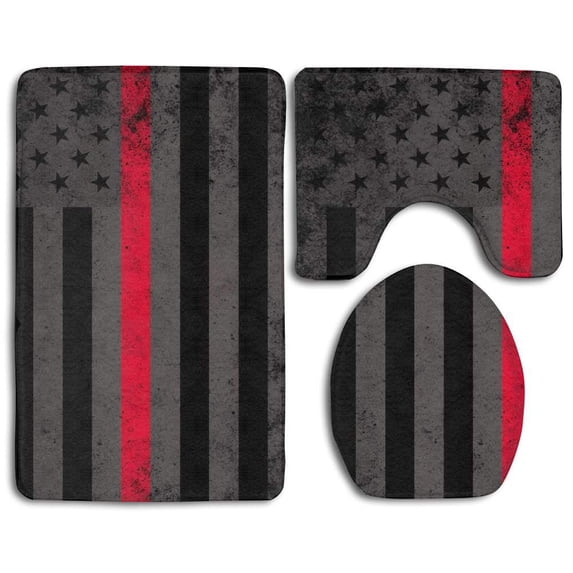 PUDMAD American Flag Black and Red 3 Piece Bathroom Rugs Set Bath Rug Contour Mat and Toilet Lid Cover