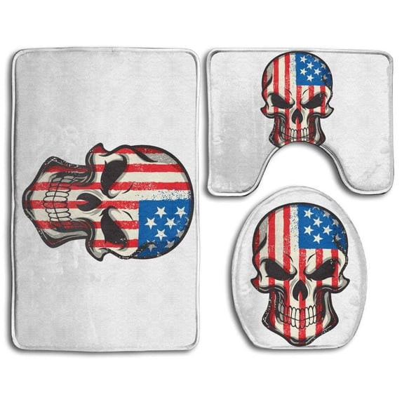 PUDMAD American Flag Painted on Skull 3 Piece Bathroom Rugs Set Bath Rug Contour Mat and Toilet Lid Cover