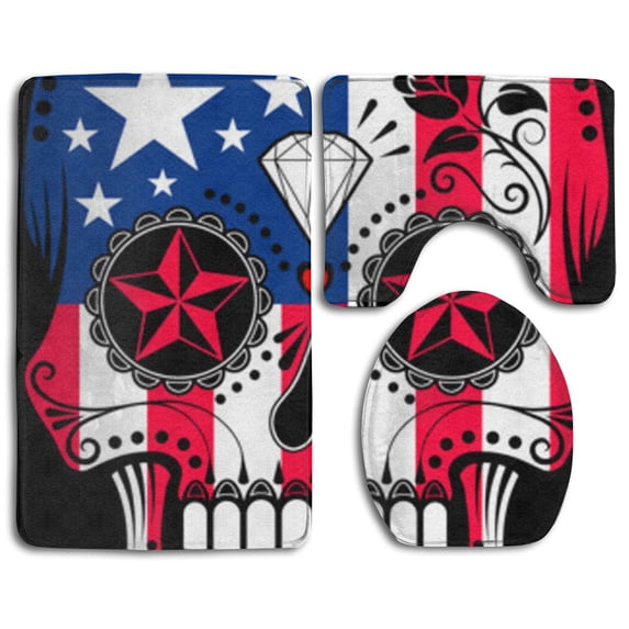 PUDMAD American Flag Patriot Skull 3 Piece Bathroom Rugs Set Bath Rug Contour Mat and Toilet Lid Cover