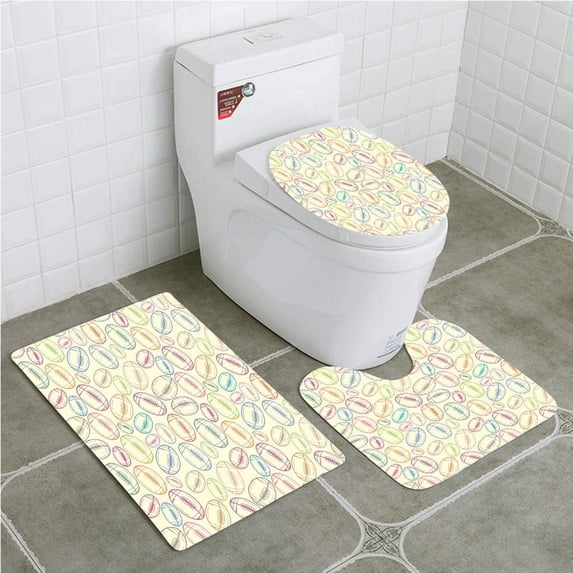 PUDMAD American Football Grunge Looking Hand Drawn Style Sports Sketch Colorful Retro 3 Piece Bathroom Rugs Set Bath Rug Contour Mat and Toilet Lid Cover