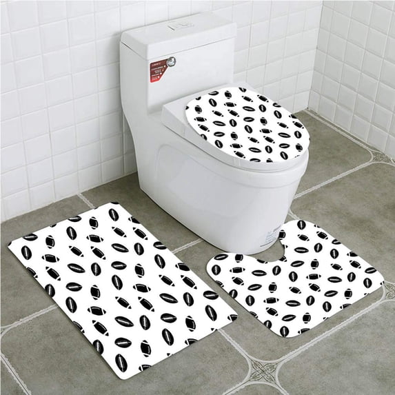 PUDMAD American Football Monochrome Black Rugby Balls American Culture Sports 3 Piece Bathroom Rugs Set Bath Rug Contour Mat and Toilet Lid Cover