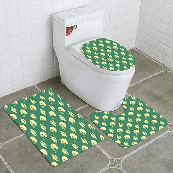 PUDMAD American Football Retro Style Rugby Helmets and Balls Championship 3 Piece Bathroom Rugs Set Bath Rug Contour Mat and Toilet Lid Cover