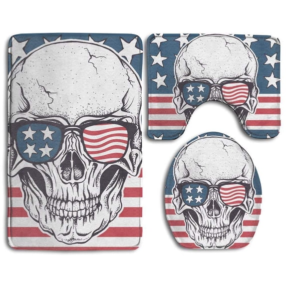PUDMAD American Skull in Sunglasses on Usa Flag1 3 Piece Bathroom Rugs Set Bath Rug Contour Mat and Toilet Lid Cover