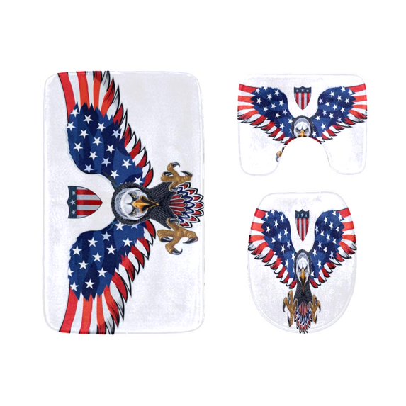 PUDMAD American Symbol Eagle USA Flags 3 Piece Bathroom Rugs Set Bath Rug Contour Mat and Toilet Lid Cover