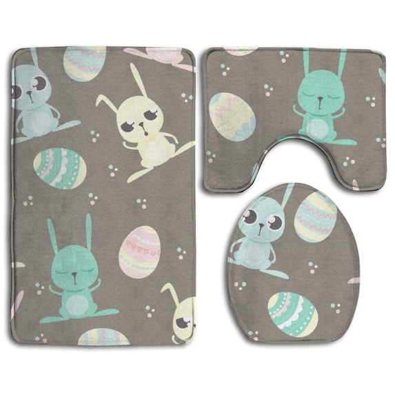 PUDMAD Amusing Bunny Easter Eggs 3 Piece Bathroom Rugs Set Bath Rug Contour Mat and Toilet Lid Cover