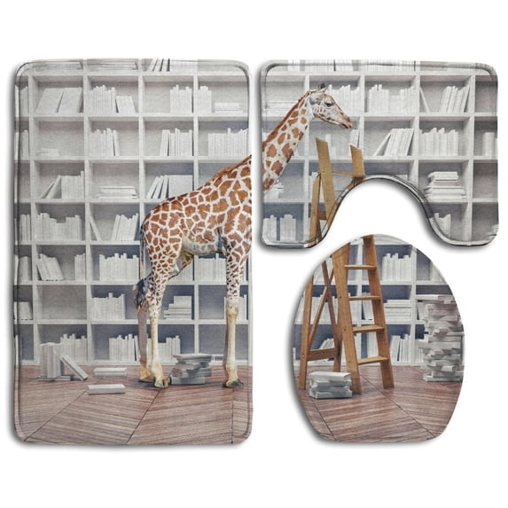 PUDMAD An Giraffe Baby Room Book Shelves Photo Combination Concept 3 Piece Bathroom Rugs Set Bath Rug Contour Mat and Toilet Lid Cover