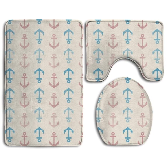 PUDMAD Anchor 3 Piece Bathroom Rugs Set Bath Rug Contour Mat and Toilet Lid Cover