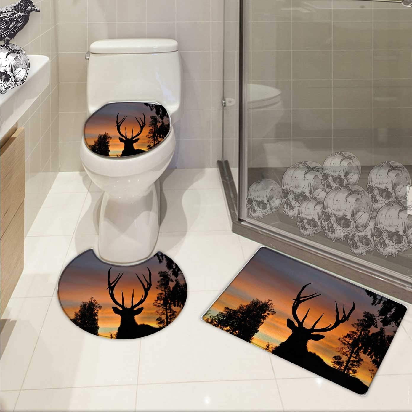 PUDMAD Antlers Black Deer Sky 3 Piece Bathroom Rugs Set Bath Rug ...