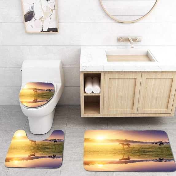 PUDMAD Apartment Horse Valley in South a Lake Reflection and Sun Rising Above Mountains 3 Piece Bathroom Rugs Set Bath Rug Contour Mat and Toilet Lid Cover