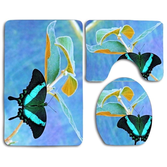 PUDMAD Aqua Leaves Butterfly Quotes 3 Piece Bathroom Rugs Set Bath Rug Contour Mat and Toilet Lid Cover