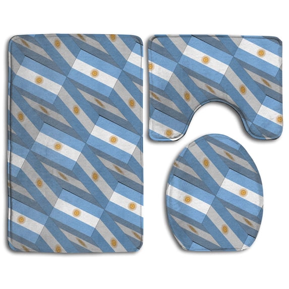 PUDMAD Argentina Flag 3D Art 3 Piece Bathroom Rugs Set Bath Rug Contour Mat and Toilet Lid Cover