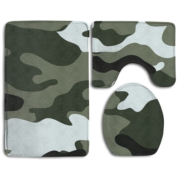 PUDMAD Army Camouflage 3 Piece Bathroom Rugs Set Bath Rug Contour Mat and Toilet Lid Cover