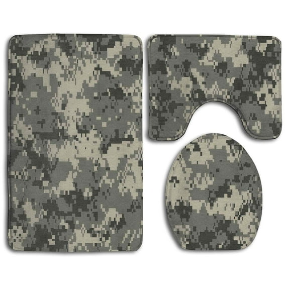 PUDMAD Army Camouflage 3D 3 Piece Bathroom Rugs Set Bath Rug Contour Mat and Toilet Lid Cover