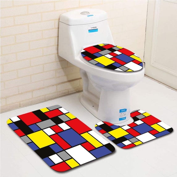 PUDMAD Art Mondrianesque Pop Colorful Squares Lively Colors Geometric Shapes 3 Piece Bathroom Rugs Set Bath Rug Contour Mat and Toilet Lid Cover