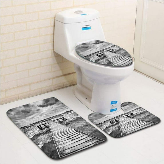 PUDMAD Art Old Wooden Deck in Storm Waves in Sea Dramatic Sky Dark Heavy Clouds 3 Piece Bathroom Rugs Set Bath Rug Contour Mat and Toilet Lid Cover