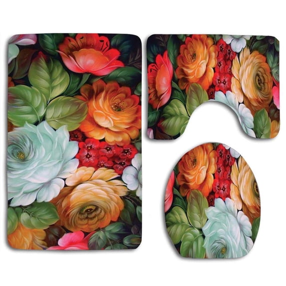 PUDMAD Art Paintings Flowers Bouquet High Resolution 3 Piece Bathroom Rugs Set Bath Rug Contour Mat and Toilet Lid Cover