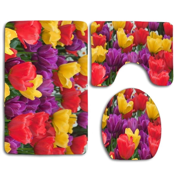 PUDMAD Assorted Tulips 3 Piece Bathroom Rugs Set Bath Rug Contour Mat and Toilet Lid Cover