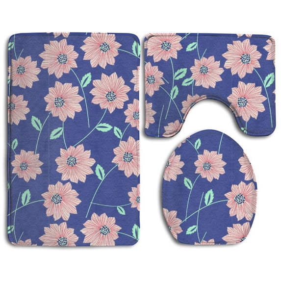 PUDMAD Aster Flowers 3 Piece Bathroom Rugs Set Bath Rug Contour Mat and Toilet Lid Cover