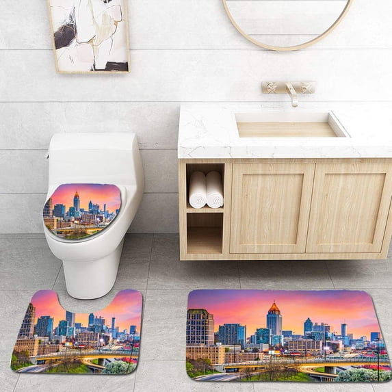 PUDMAD Atlanta Georgia USA Skyline 3 Piece Bathroom Rugs Set Bath Rug Contour Mat and Toilet Lid Cover
