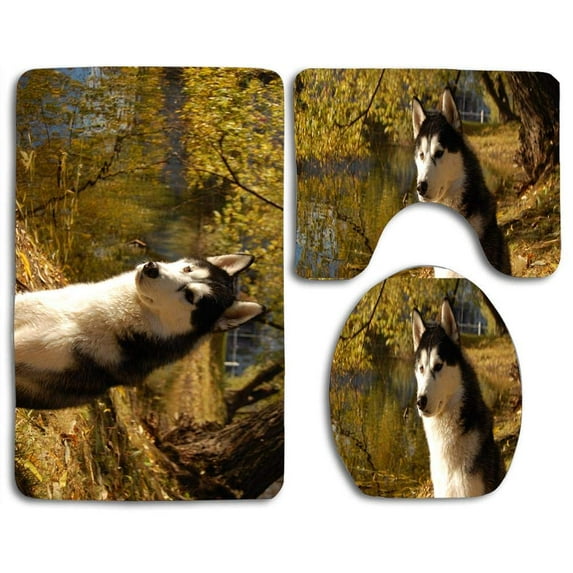 PUDMAD Attentive Husky 3 Piece Bathroom Rugs Set Bath Rug Contour Mat and Toilet Lid Cover