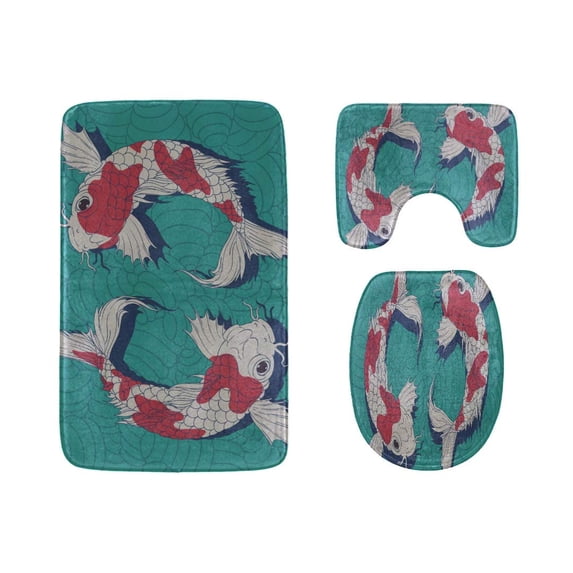 PUDMAD Auspicious Koi Painting 3 Piece Bathroom Rugs Set Bath Rug Contour Mat and Toilet Lid Cover