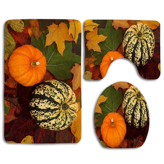 PUDMAD Autumn Colorful Fall 3 Piece Bathroom Rugs Set Bath Rug Contour Mat and Toilet Lid Cover