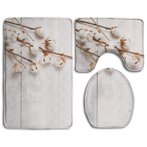 PUDMAD Autumn Composition Dried Fluffy Cotton Flower 3 Piece Bathroom Rugs Set Bath Rug Contour Mat and Toilet Lid Cover