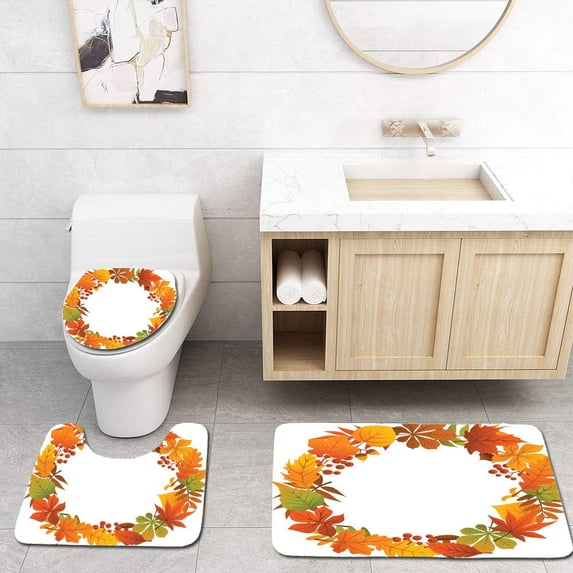 PUDMAD Autumn Fall Leave Branches Twigs Colorful Wreath 3 Piece Bathroom Rugs Set Bath Rug Contour Mat and Toilet Lid Cover