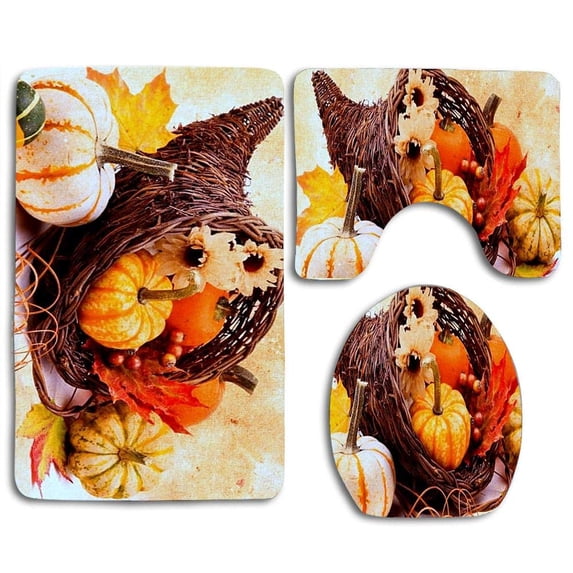 PUDMAD Autumn Harvest Festival 3 Piece Bathroom Rugs Set Bath Rug Contour Mat and Toilet Lid Cover