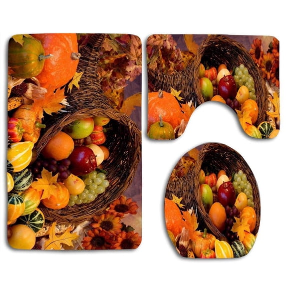 PUDMAD Autumn Harvest Thanksgiving Feast 3 Piece Bathroom Rugs Set Bath Rug Contour Mat and Toilet Lid Cover