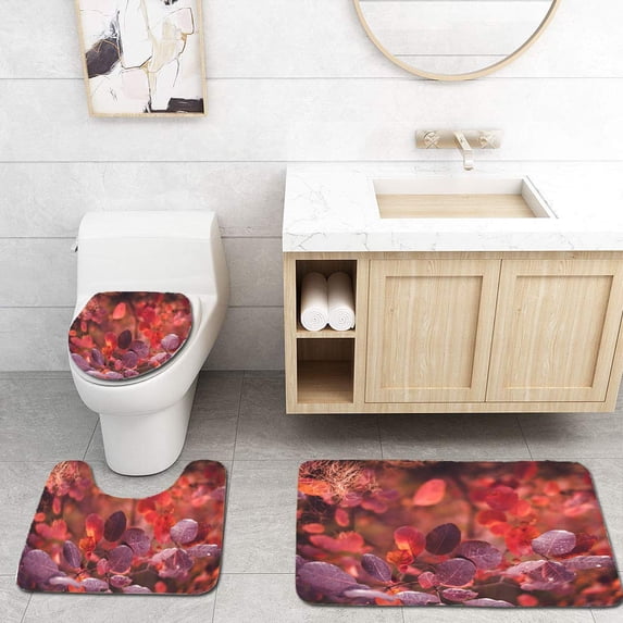 PUDMAD Autumn Nature Colorful Leaves on Branch Soft Focus 3 Piece Bathroom Rugs Set Bath Rug Contour Mat and Toilet Lid Cover