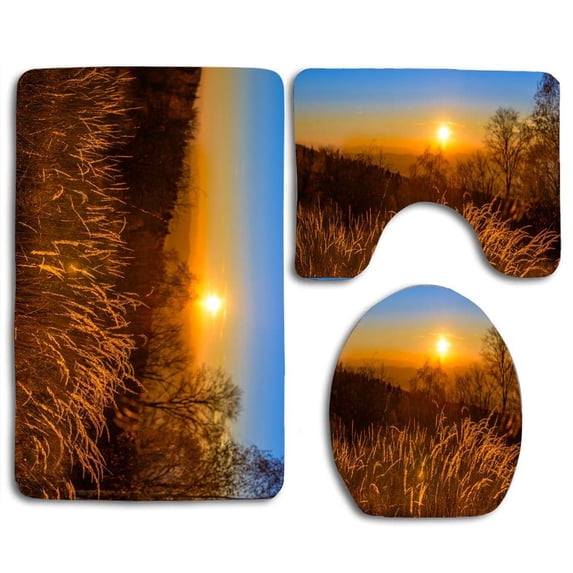 PUDMAD Autumn Sunset 3 Piece Bathroom Rugs Set Bath Rug Contour Mat and Toilet Lid Cover