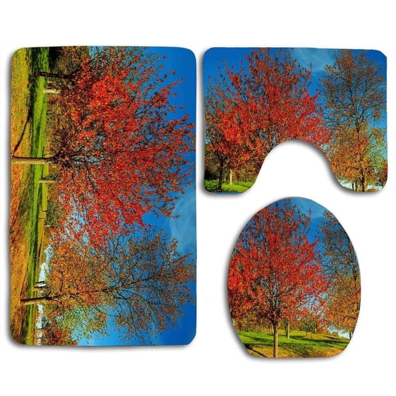 PUDMAD Autumn Trees Nature Style 3 Piece Bathroom Rugs Set Bath Rug Contour Mat and Toilet Lid Cover
