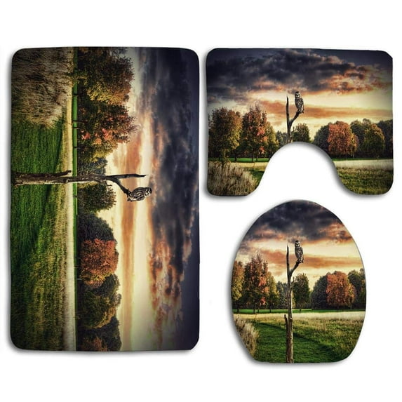 PUDMAD Autumn Trees Owl Grass Field Style 3 Piece Bathroom Rugs Set Bath Rug Contour Mat and Toilet Lid Cover