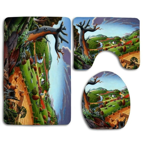 PUDMAD Autumn Wheat Harvest Farm 3 Piece Bathroom Rugs Set Bath Rug Contour Mat and Toilet Lid Cover