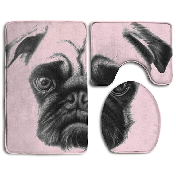 PUDMAD Awesome Pug Dog 3 Piece Bathroom Rugs Set Bath Rug Contour Mat and Toilet Lid Cover