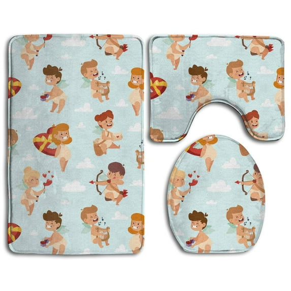 PUDMAD Baby Angles Cupid Arrow 3 Piece Bathroom Rugs Set Bath Rug Contour Mat and Toilet Lid Cover